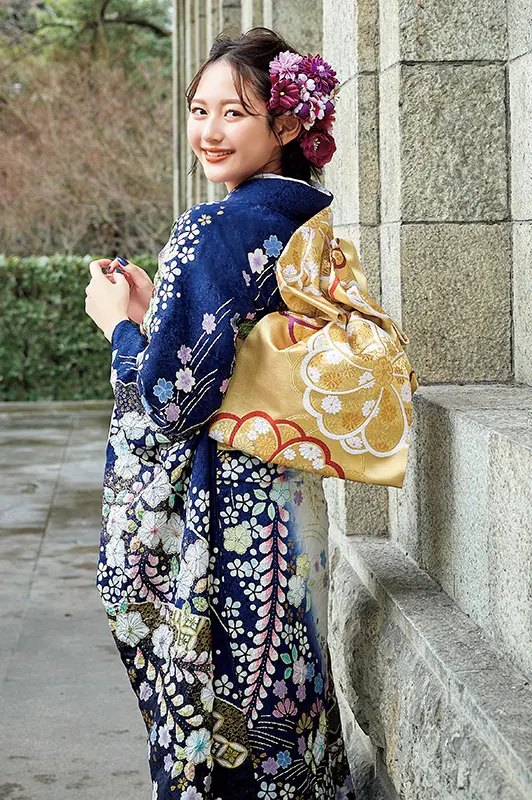振袖 身長155-170cm 鮮やか青 正絹　古典 参列振袖[個性派古典]茶×ピンク・かぐや姫と薬玉[身長170cmまで